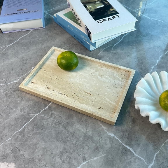 Travertine Stone Tray for Coffee Table, 12 x 8 inch Rectangle Marble Vanity Tray for Bathroom Countertop, Decorative Dish for Perfume Jewelry (Beige Travertine)