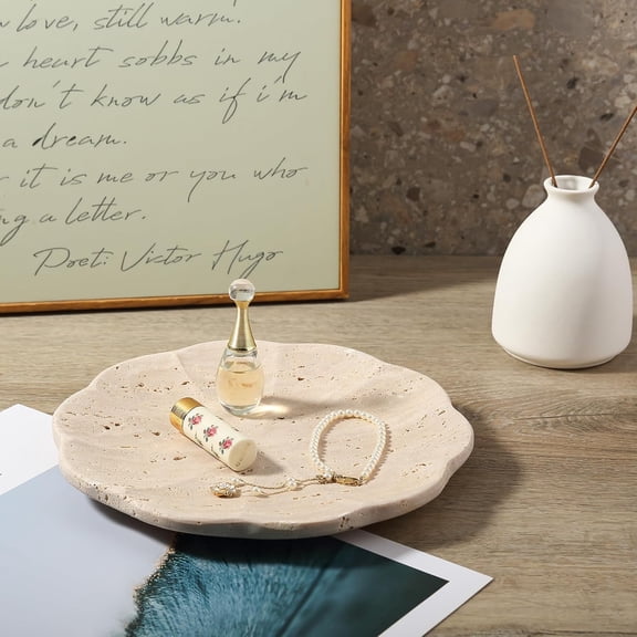 Travertine Tray, 8" Round Marble Vanity Tray for Jewelry Trinket Perfume, Natural Stone Tray for Bathroom Kitchen Dresser Countertop, Scalloped Decorative Tray for Home Table Decor(Beige)