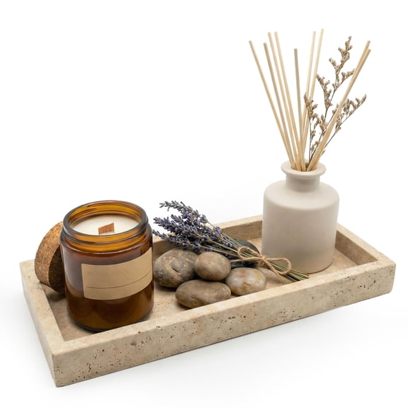 Travertine Tray, Natural Yellow Stone Rectangular Decorative Tray, Desk Organizer for Jewelry, Perfume, 9.8" x 4.7" x 1"