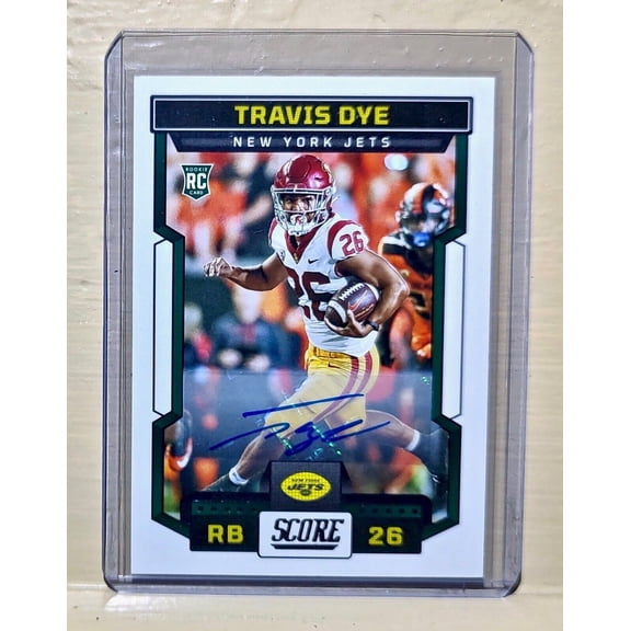 Travis Dye 2023 Panini NFL #329 Score Autograph Rookie Football Card Jets