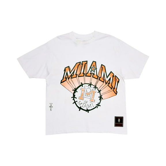 Travis Scott Unisex x Mitchell & Ness Miami Hurricanes Hand-Drawn T-Shirt White, from StockX