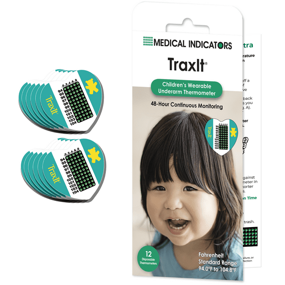 TraxIt 12 Pack - Fahrenheit - Childrens Axillary Thermometer - Continuous Read, Single-Use Pediatric Thermometer