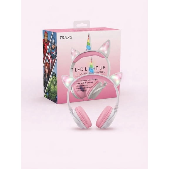 Traxx LED Light Up Unicorn Headphones - Pink Over-Ear Stereo Headset with 3.5mm Jack