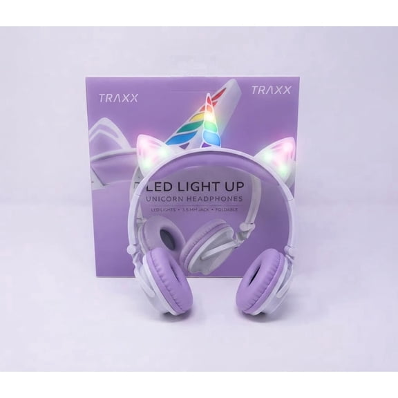 Traxx LED Light Up Unicorn Headphones - Purple Over-Ear Stereo Headset with 3.5mm Jack