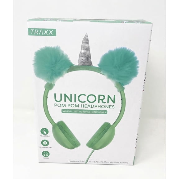 Traxx Unicorn Pompom Headphones - Green Volume Limiting Wired Headset with Fluffy Puffs