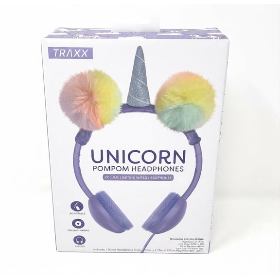 Traxx Unicorn Pompom Headphones - Purple Volume Limiting Wired Headset with Pastel Puffs