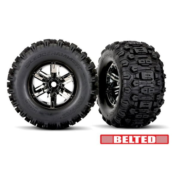 Traxxas 7871X Tires & wheels, assembled, glued (X-Maxx black chrome wheels Sledgehammer belted tires dual profile