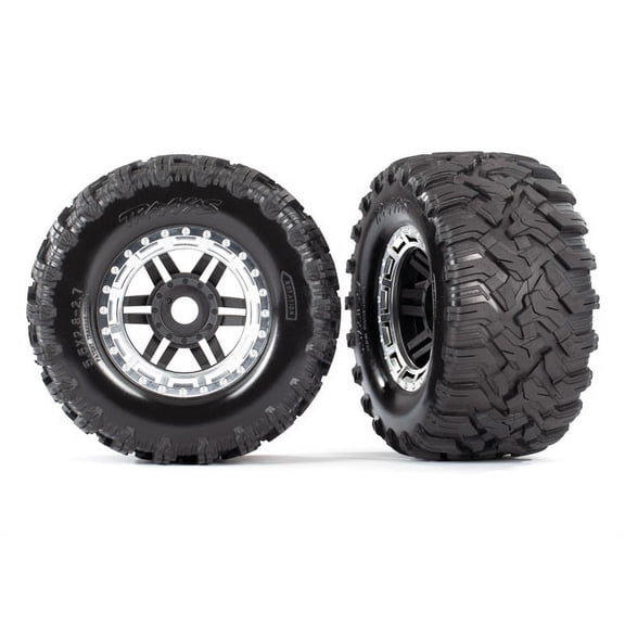 Tires & wheels, assembled, glued (black, satin chrome beadlock style wheels, Maxx MT tires, foam inserts) (2) (17mm splined) (TSM rated)
