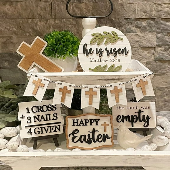 Tray Decor 16 Pieces Wooden Centerpiece Table Signs Easter Pattern, Easter Tiered Signs Farmhouse Kitchen Decorations Wood Flag Happy Spring Decoration, Tray not Included