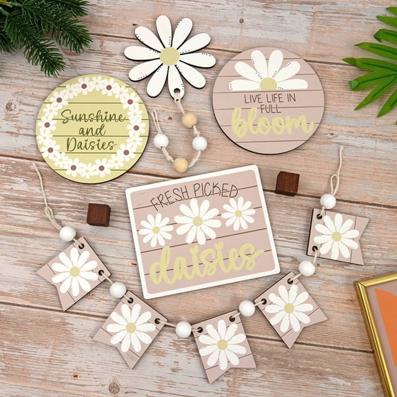 Tray Decoration Summer Tiered Tray Set with Farmhouse Table Block Sign Wooden Flower Tabletop Decorations for Spring Parties Home Kitchen,14X12.5X5 cm,Khaki