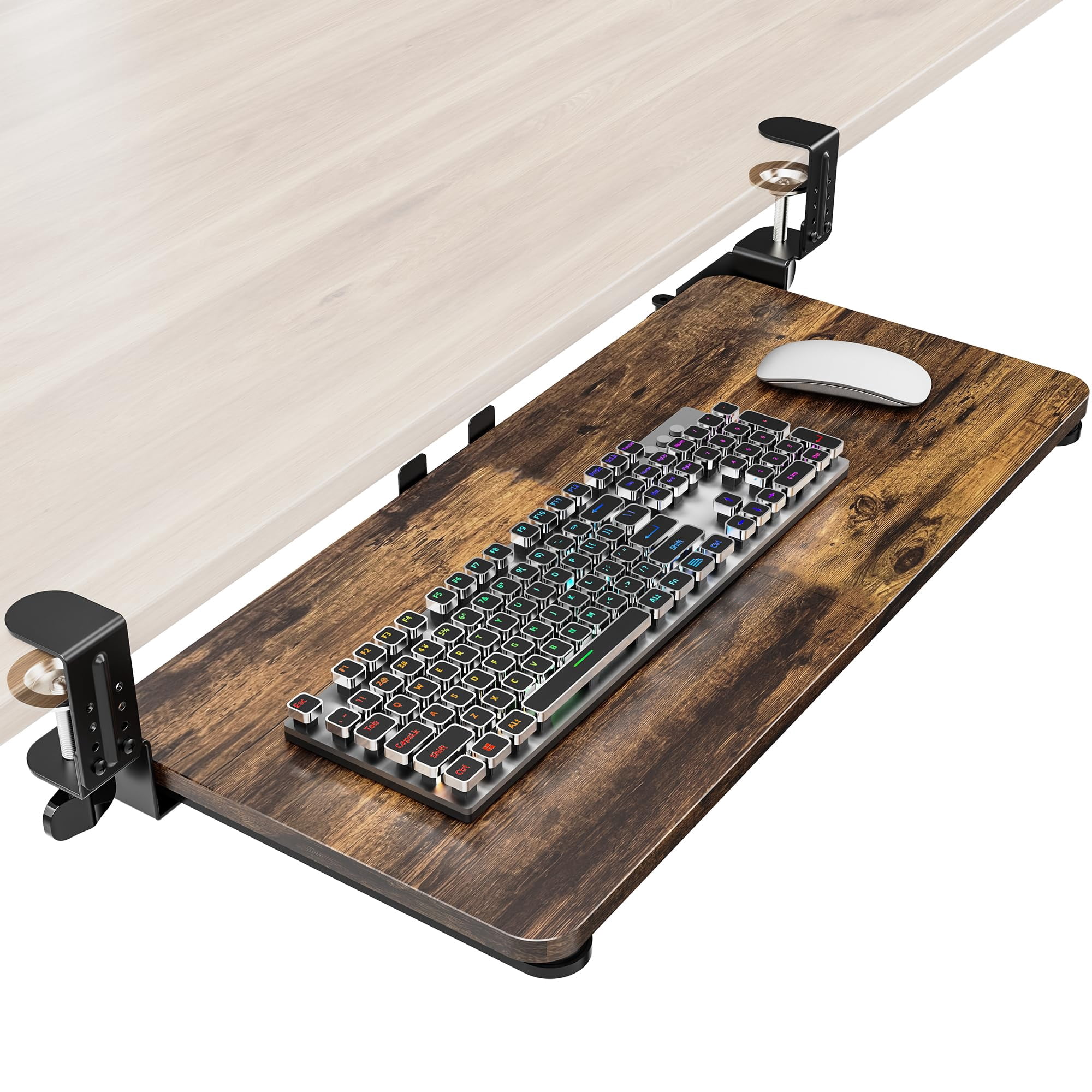 Tray Under Desk  Pull Out With Adjustable C-clamp 25.6 (31.5 Including Clamps) X 11.8 Inch Slide Computer Drawer Mouse For Typing Large & Rustic Brown