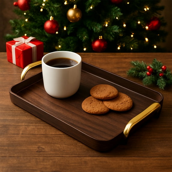 Tray with Handles Food Serving Tray Rectangular Snack Fruit Plate Tea Cup Holder Living Room Bedroom Party Serving Platter PVC Material Brown Color Multiple Size Options