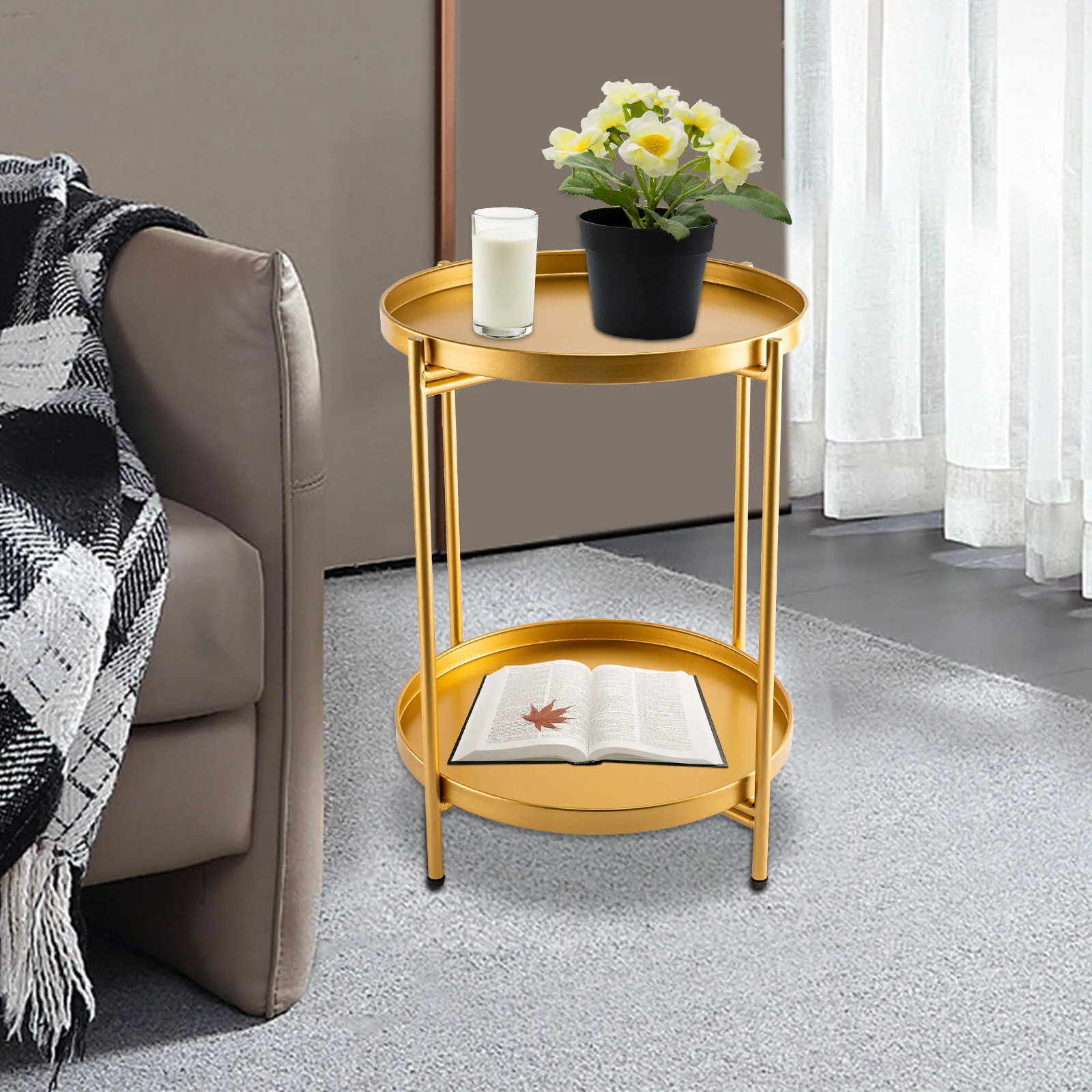 Tray Metal End Table, Small Round Side Table Sofa Side Table Round Gold
