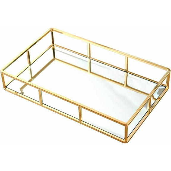 Tray Mirror, Gold Dressing Table Gorgeous Tray Metal Decorative Tray Jewelry Perfume Storage Makeup Tray Suitable for Dressing Table, Vanity, Bathroom, Bedroom