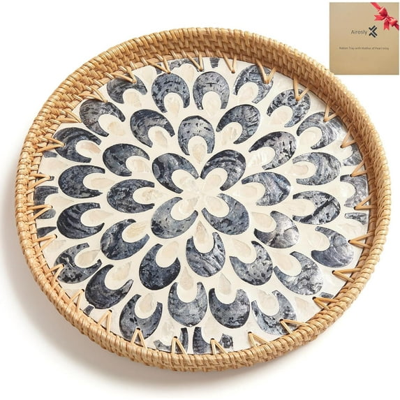 Tray with Mother of Pearl Inlay, Round Serving Tray with Wooden Base, Decorative Wicker Basket for Table Decor, Storage and Display of Jewelry Coffee Bread Food Fruit (Sapphire Blue) C101