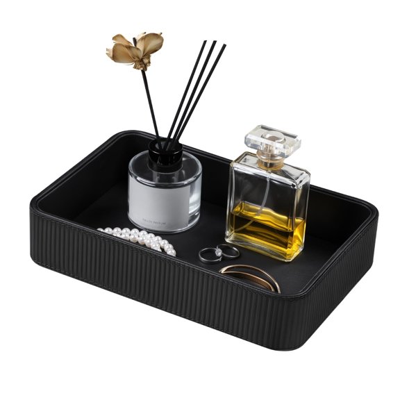 Tray Organizer Bedside Nightstand Organizer Desk CatchallTray | PU Leather, Soft Lining, Larger Size, Decorative Modern Design, Aesthetic Stripes, Waterproof And Stain-Resistant
