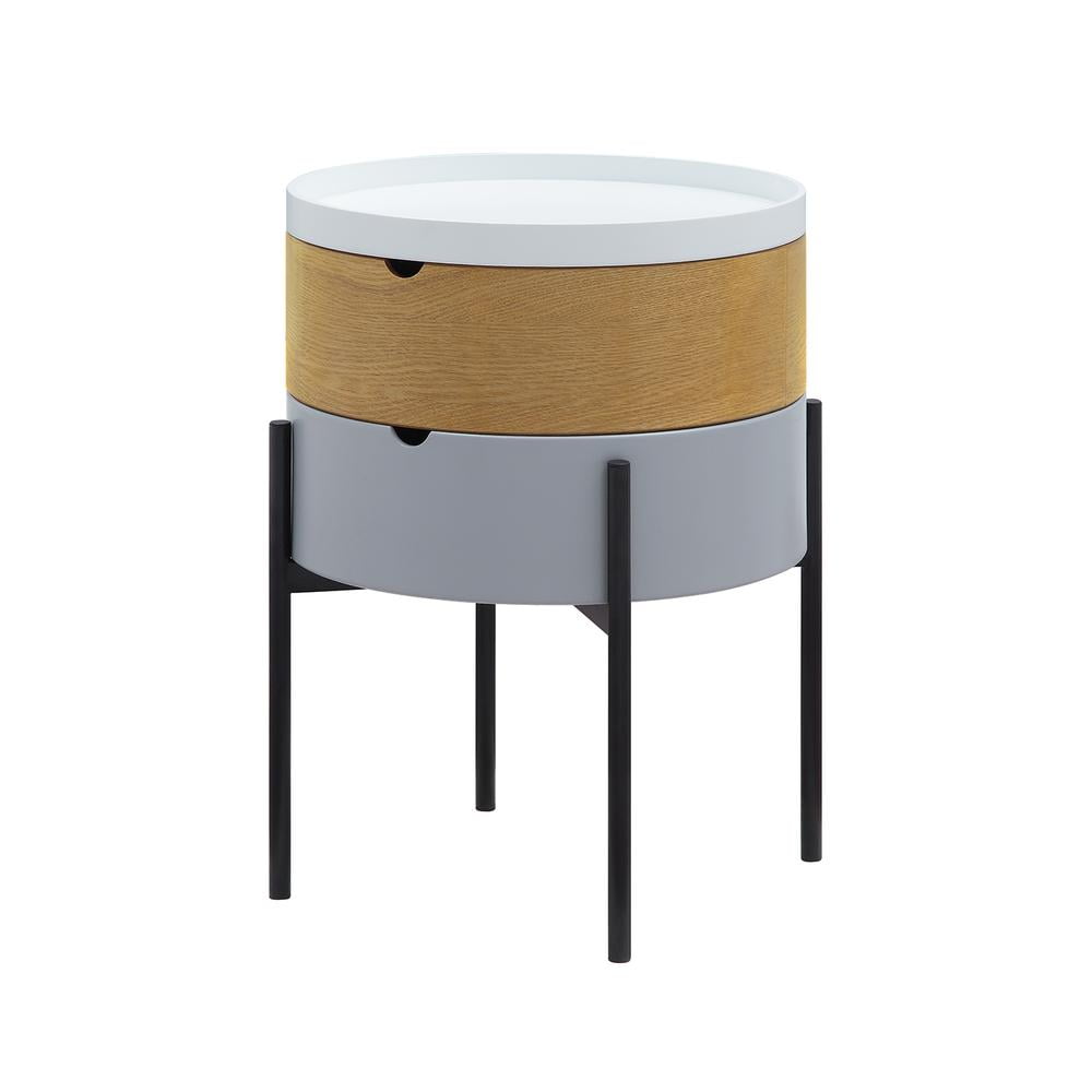 Round White and Wood End Table with Black Metal Legs