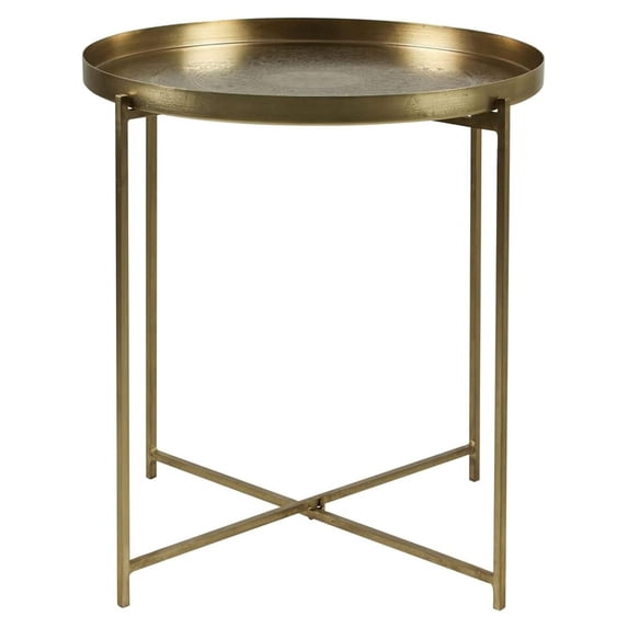 Tray Top Round Side Table, Decorative End Table with Antique Brass Finish, Intricate Hand Carving, Strong Iron Legs - 20" X 21.7"
