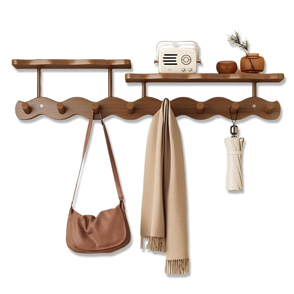 Tray Wave Walnut-8 Hooks Piano Key Clothes Hanger, sea Wave Crescent Design Wall Mounted Entrance Hanging Clothes Hook for Entering The Door, Clothes and Hats Hook for Entering The House