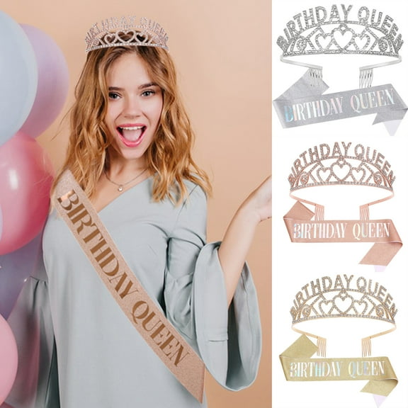 Trayknick Birthday Queen Tiara Sash Set - Rhinestone Festive Headwear for Women Party Decor