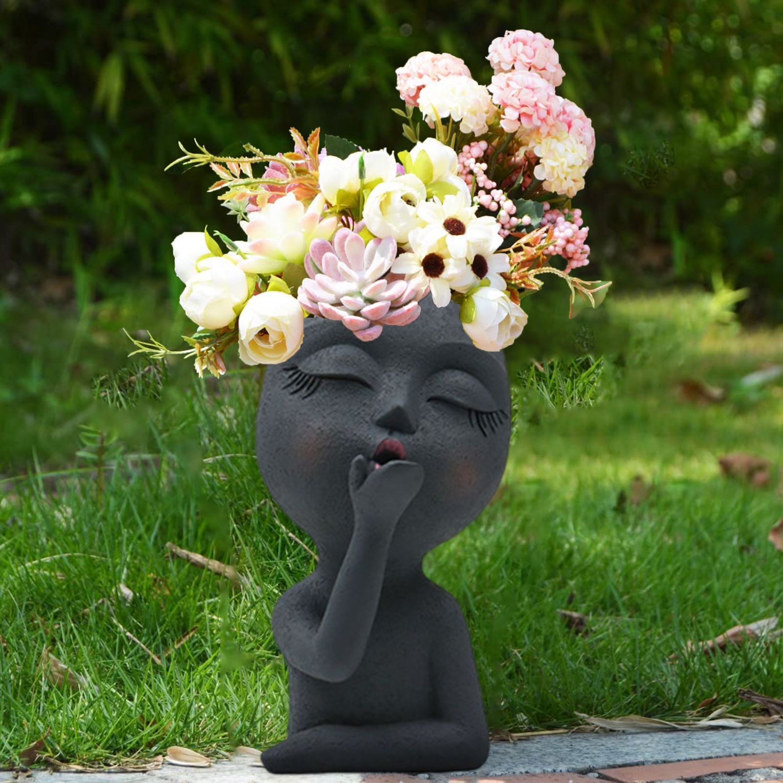 Trayknick Handmade Resin Doll Head Shaped Plant Pot With Vivid 