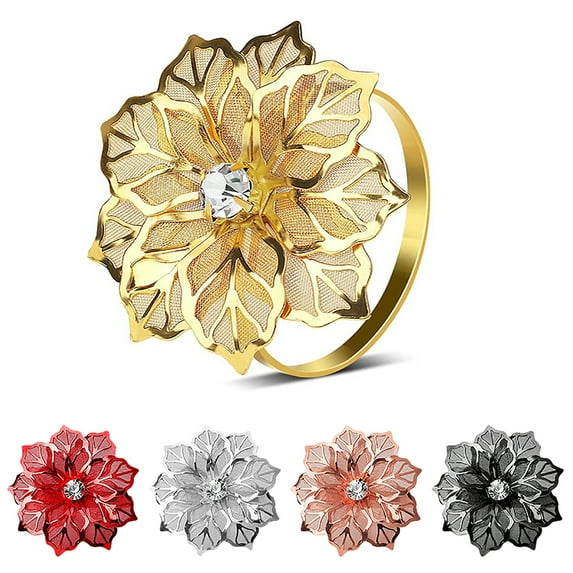 Trayknick Luxury Rhinestone Hollow Flower Napkin Rings - Set of 6 Stainless Steel Dinner Napkin Holders for Elegant Table Decoration, Wedding Party Supplies