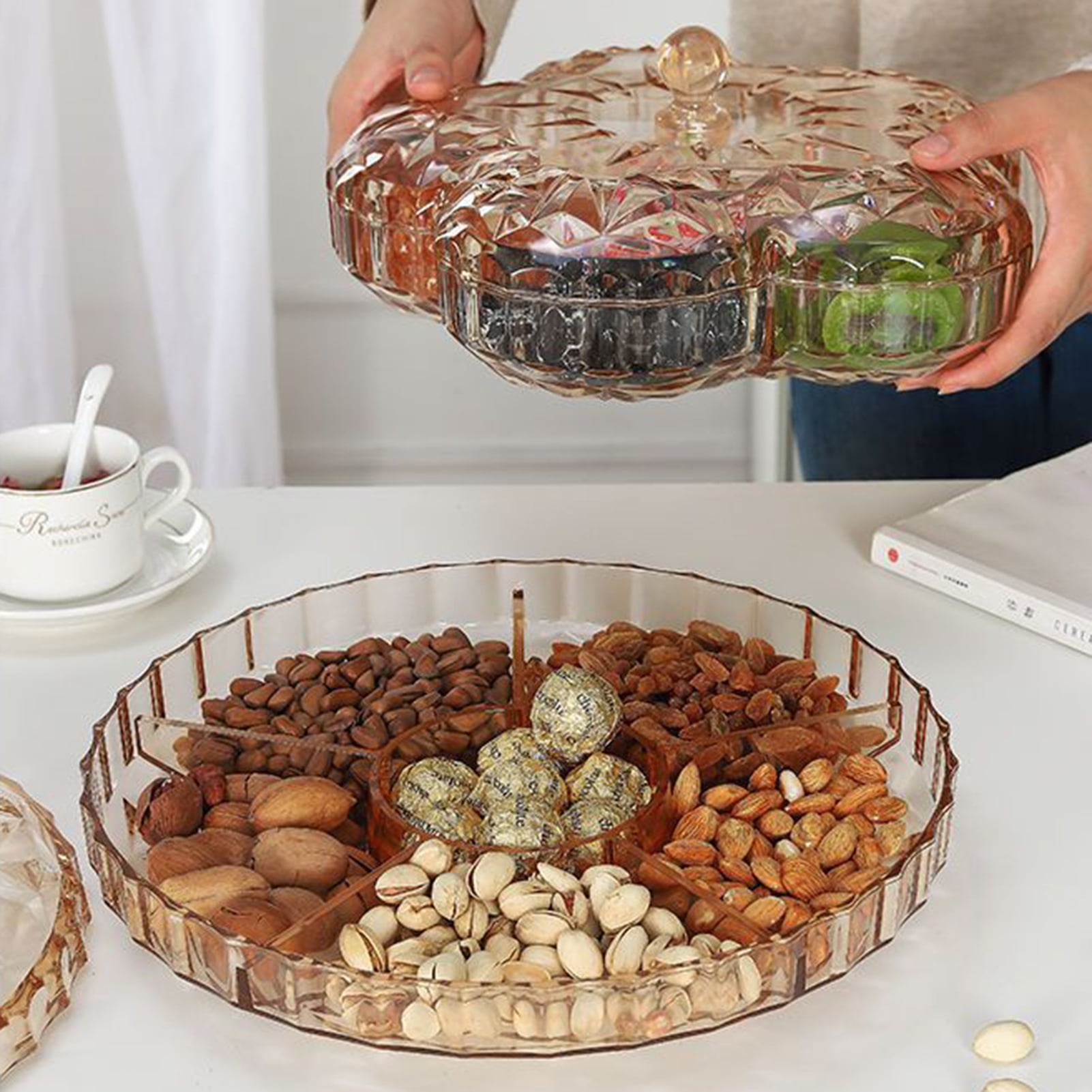 Trayknick Snack Serving Tray with Lid 6 Compartment Plastic Divided