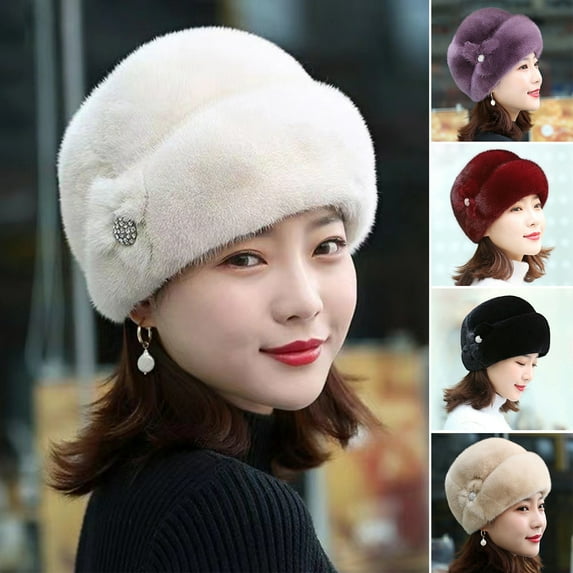 Trayknick Winter Hat Russian Faux Rabbit Fur Flower Decor Thickened Luxury Keep Warm Solid Color Autumn Winter Thermal Middle-aged Women Cap for Outdoor
