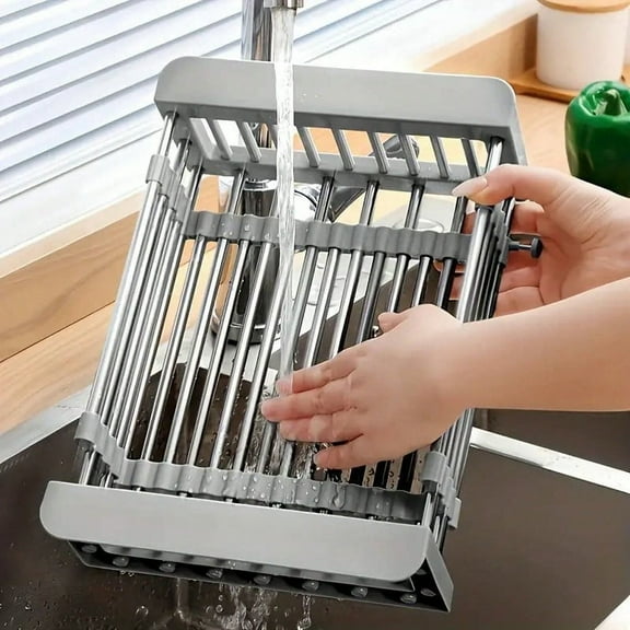 Trbcreation Adjustable Over-The-Sink Dish Rack With Stainless Steel Drain Basket – Telescopic, Space-Saving, Portable Drying Rack For Fruits & Vegetables