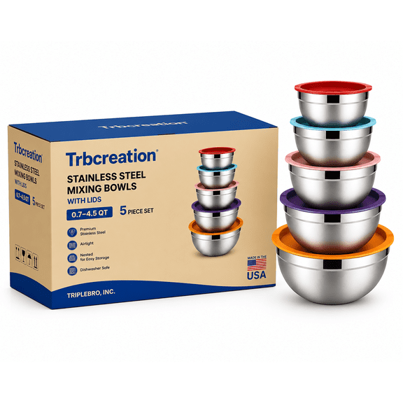 TRBCREATION Mixing Bowls with Lids, Set of 5 Stainless Steel Nesting Bowls (0.7–4.5 QT), for Baking, Cooking, Salad Prep & Food Storage
