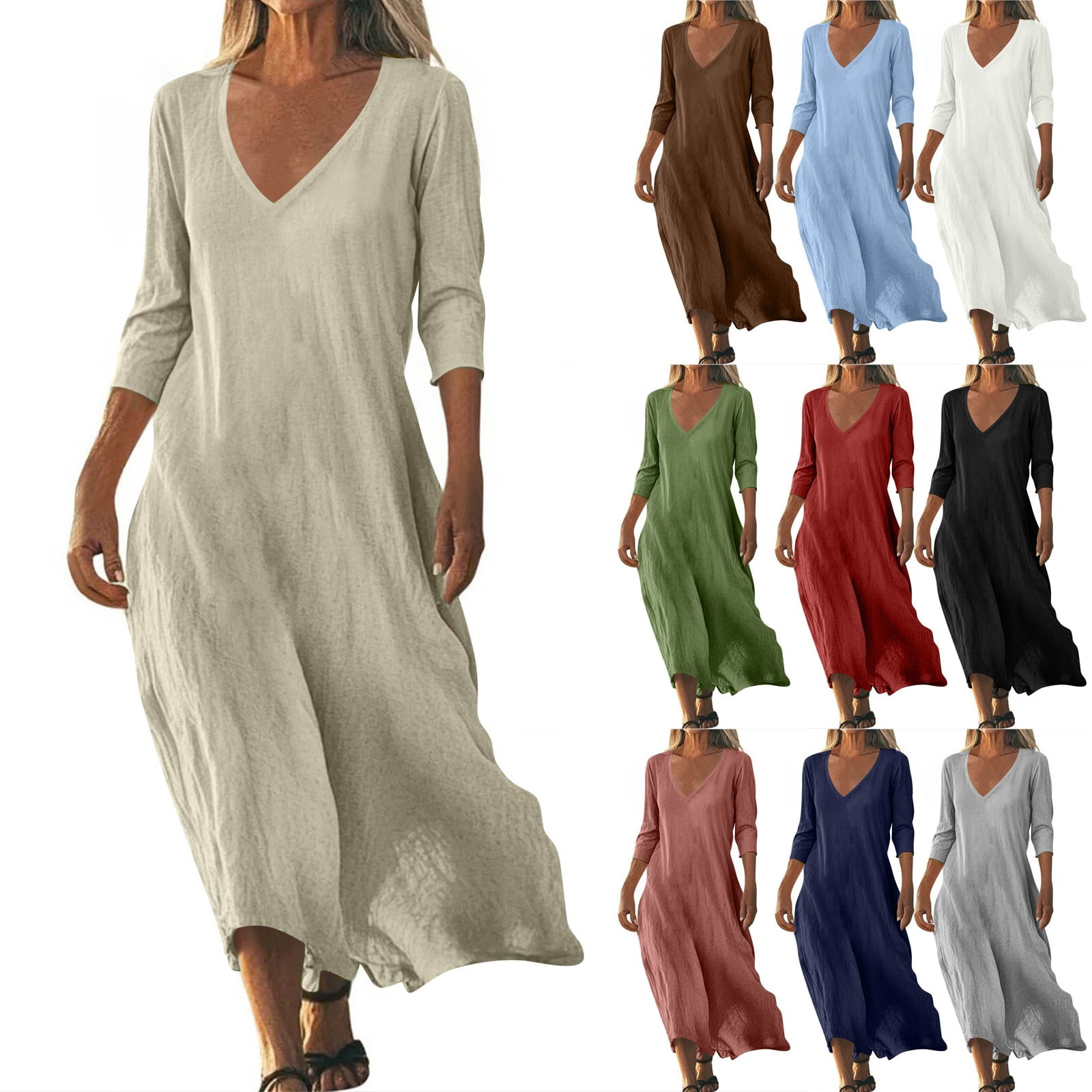 TrdSipl 3/4 Sleeve Cotton Linen Maxi Dress for Women Flowy Swing Dress ...