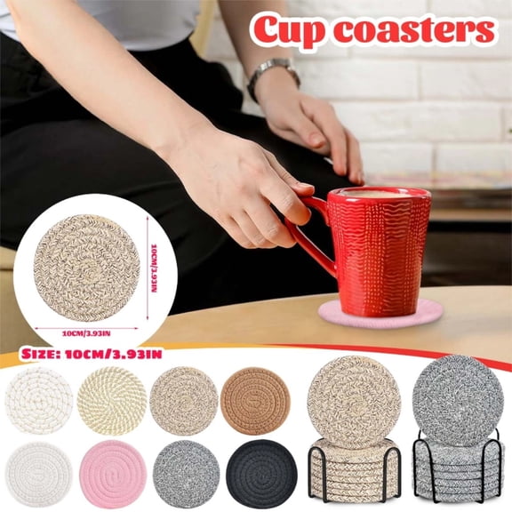 TrdSipl Braided Cotton Rope Coasters Set of 8 with Metal Holder Round Woven Drink Mats for Tabletop Protection Heat Resistant Absorbent Placemats for Home Office Kitchen Khaki
