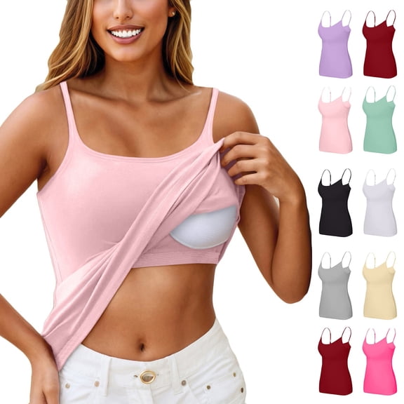 TrdSipl Camisole Tops for Women Built In Bra Adjustable Spaghetti Strap Tank Top Basic Square Neck Padded Cami Shirt Y2k Layer Bralette Light Gray S