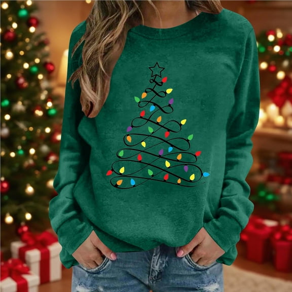 TrdSipl Christmas Shirts for Women Long Sleeve Casual Xmas Tree Print Sweatshirt Fall Cute Prom Vacation Tee Tops