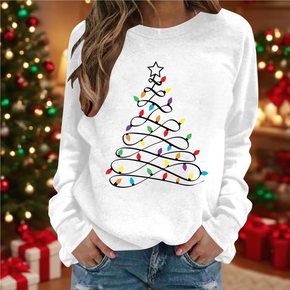TrdSipl Christmas Sweatshirt Women Christmas Tree Graphic Long-Sleeve Shirt Fall Funny Festival Sweatshirts Xmas Holiday Tee Tops