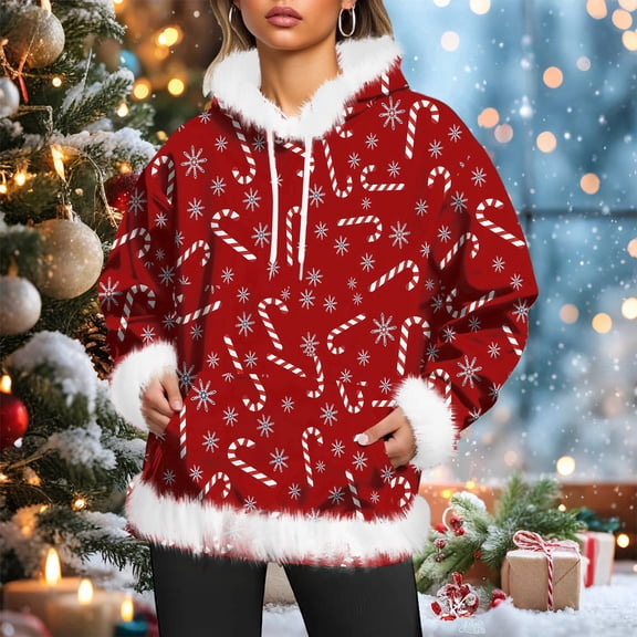 TrdSipl Christmas Sweatshirts for Women Soft Touch White Faux Fur Trim Fleece Hoodies Funny Xmas Santa Claus Print Pullover Tops with Pocket