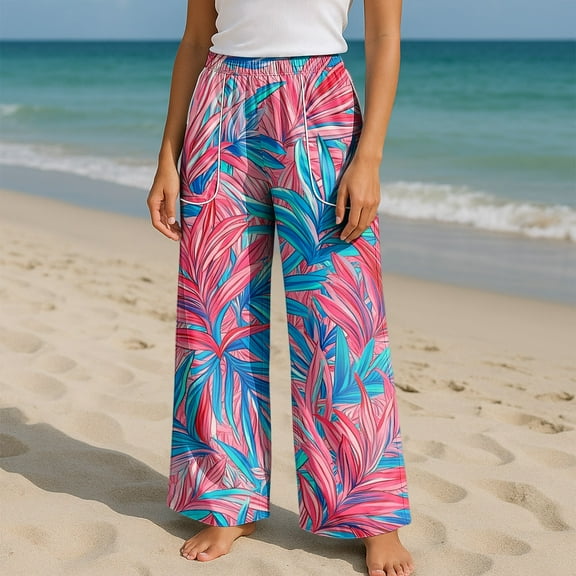 TrdSipl Cropped Pants for Women Floral Wide Leg Linen Pants Baggy Trendy Flowy Lightweight High Waisted Lounge Pant with Pockets Blue L