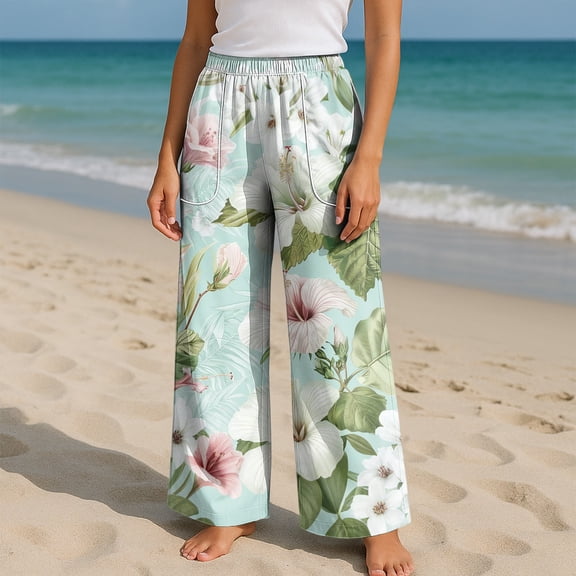 TrdSipl Cropped Pants for Women High Waist Wide Leg Pants Floral Plus Size Cute Lightweight Travel Pant with Pockets Mint Green XL