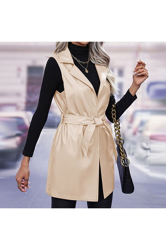 Faux Leather Vest Women Long Pu Jackets Sleeveless Open Front Pu Leather Coat 2025 Fall Vest Jacket with Belt