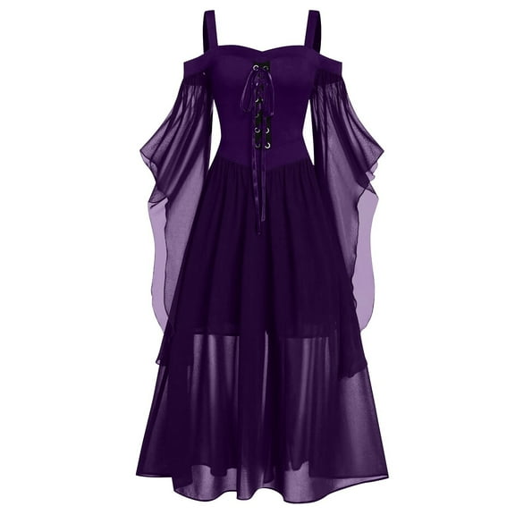 TrdSipl Halloween Costumes Women's Gothic Witch Medieval Dress Oversized Renaissance Retro Maxi Dress Long Sleeve Splicing Gowns Cosplay Dress Purple L
