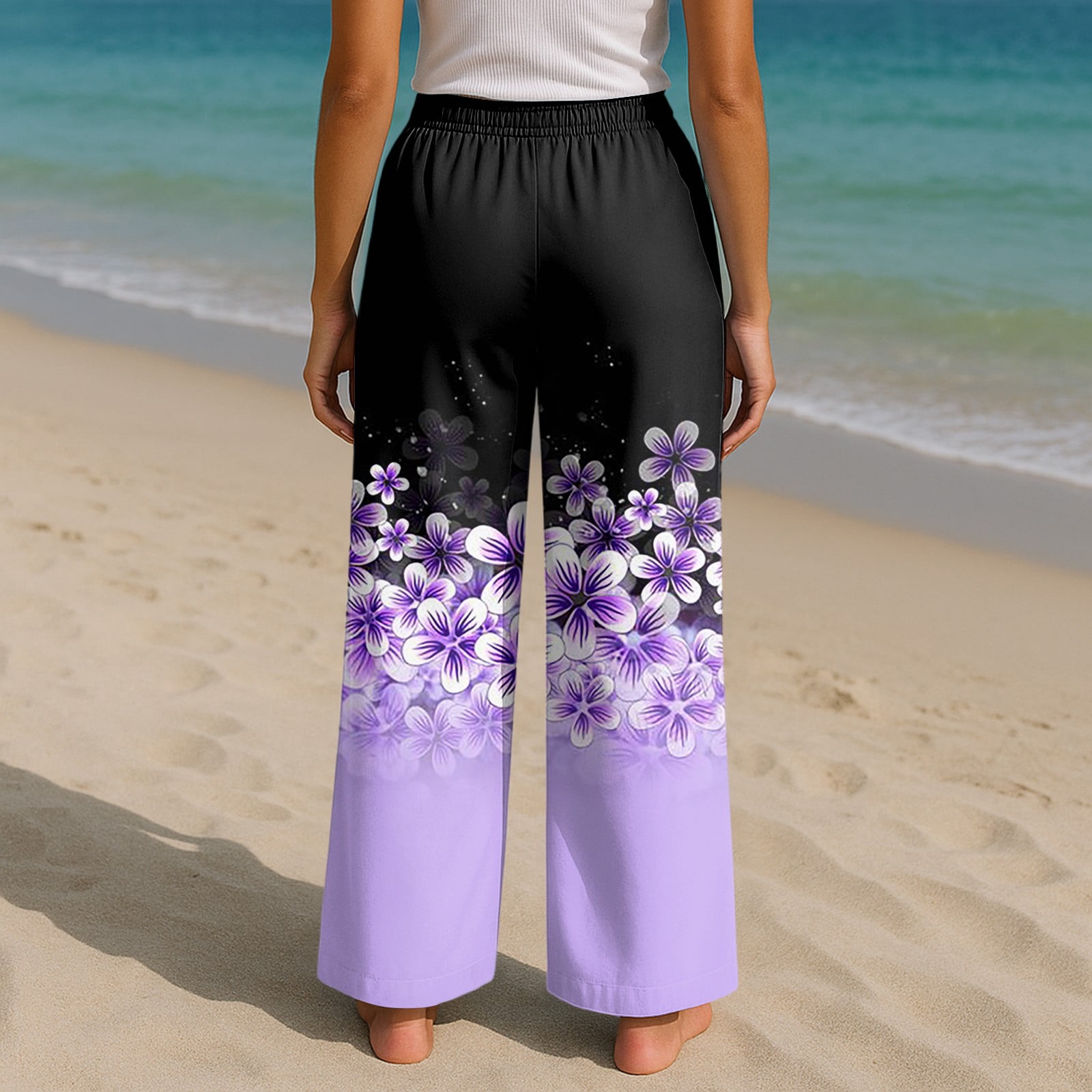 TrdSipl Linen Pants Women Petite Floral Wide Leg Culottes Loose Fit ...