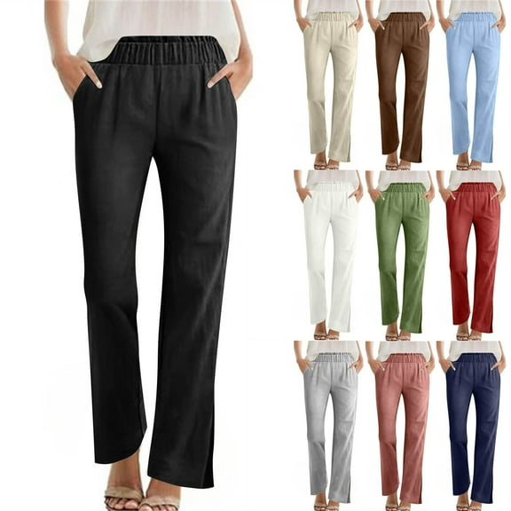 TrdSipl Long Cotton Linen Pants Women Loose Fit Elastic Waist Trousers Trendy Breathable Straight Leg Summer Pants with Pockets Khaki 2XL