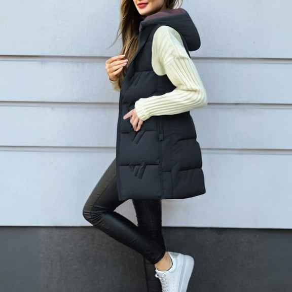 TrdSipl Long Puffer Vest for Women Sleeveless Hooded Puffer Jacket Lightweight Quilted Jackets Fall Warm Zip Up Coat Outerwear