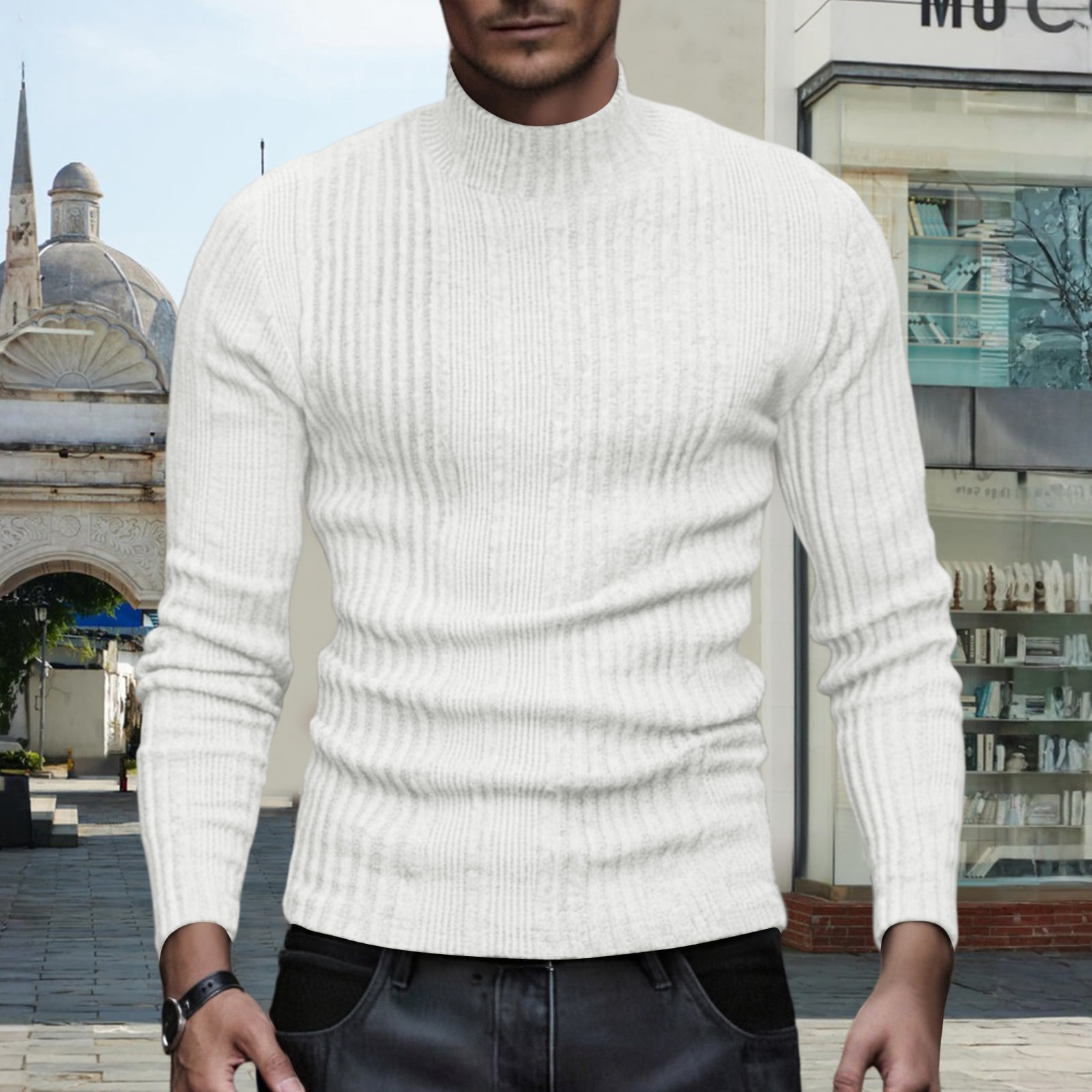 Men's Winter Casual Yellow Large Size Cotton Turtleneck Slim Fit T-shirt