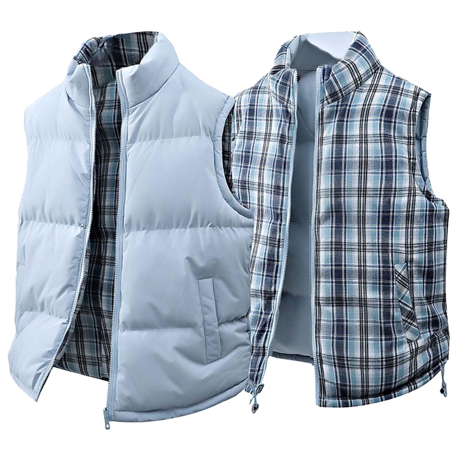 TrdSipl Men's Checkered Double Sided Vest Sleeveless Stand Collar Zip Up Waistcoat Outdoor Thermal Ski Vest for Hiking Travel Golf