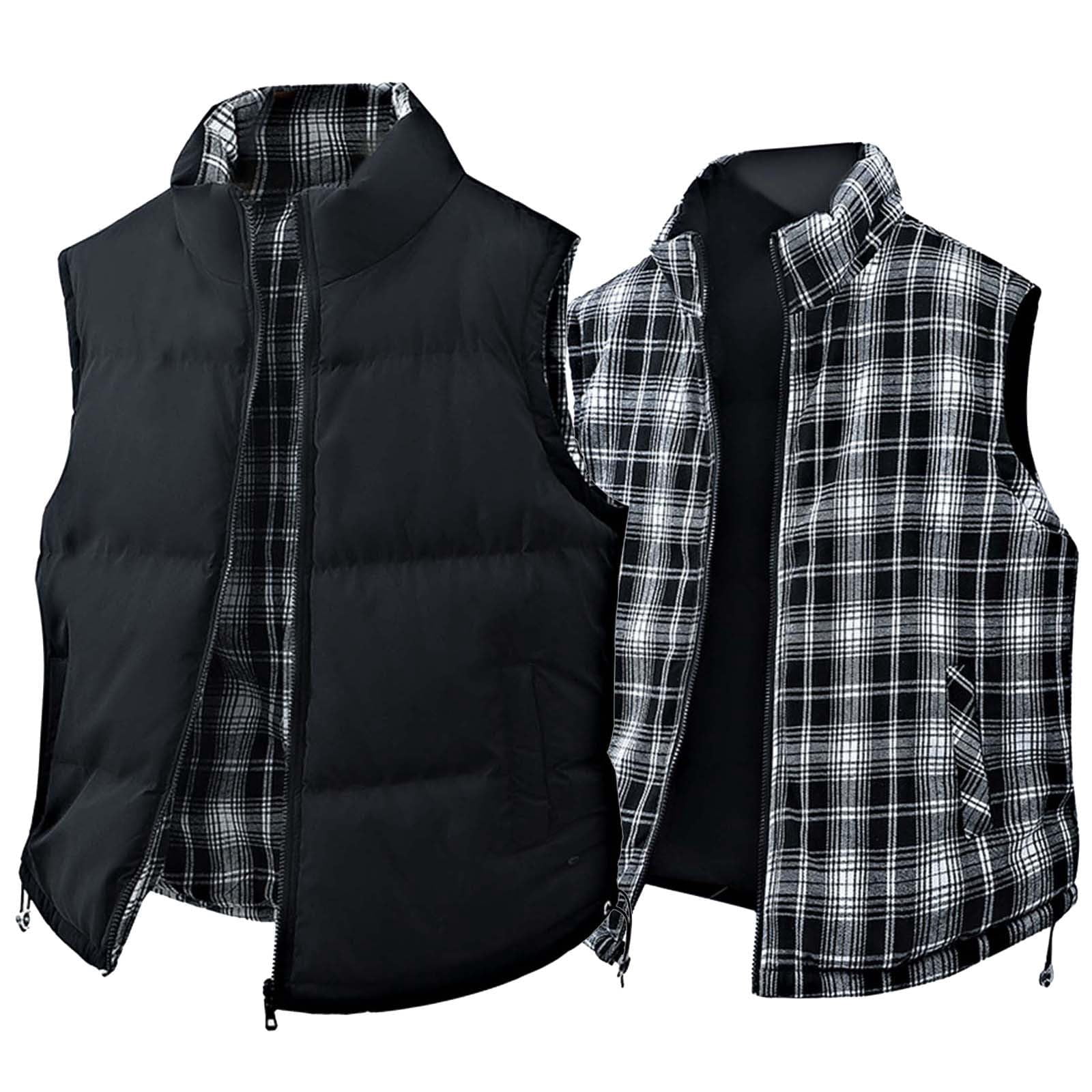 TrdSipl Men's Checkered Double-Sided Vest Sleeveless Stand-Up Collar Zip Waistcoat Outdoor Thermal Ski Vest for Hiking Travel Golf