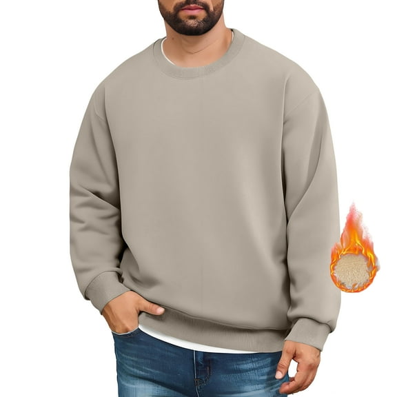 TrdSipl Men's Crewneck Sweatshirt Thick Warm Sherpa Lined Long Sleeve Underwear Fall Winter Heavy-Weight Fleece Pullovers Khaki 1 3XL