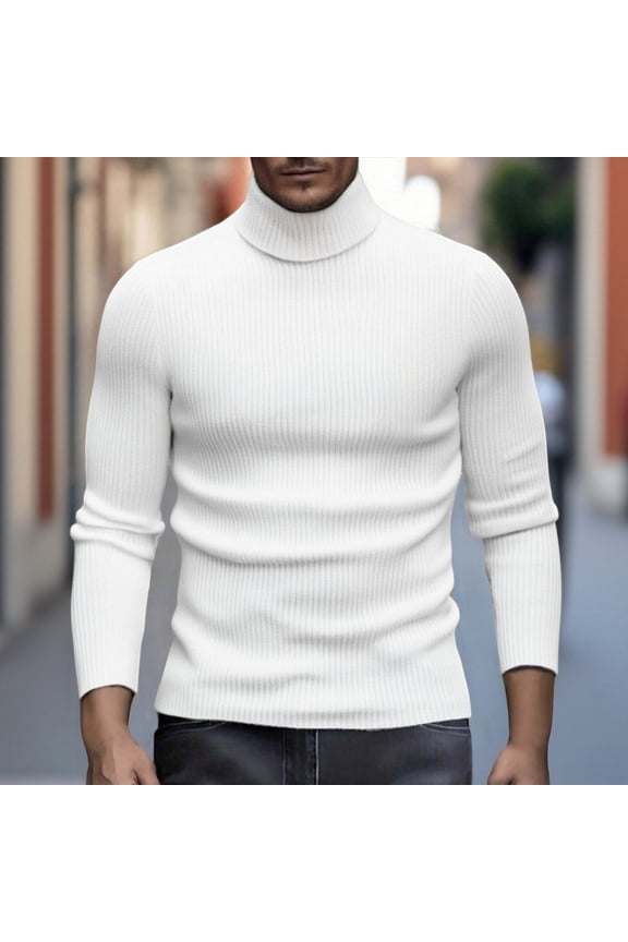 Men Turtleneck Shirts Casual Long Sleeve Pullover Sweater Thermal Mock Neck Knitted T Shirt Winter Slim Fitted Basic Tops White 2 M