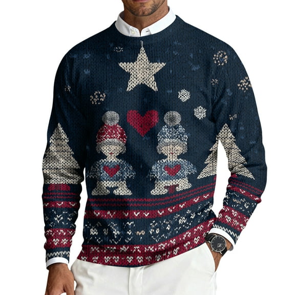 TrdSipl Mens Christmas Sweaters Xmas Tree Holiday Festive Knit Sweaters Xmas Funny Big & Tall Long-Sleeve Crew Neck Printed Pullover Tops