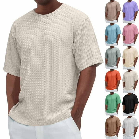 TrdSipl Mens Summer T Shirts Casual Ribbed Textured T-Shirt Crew Neck Stylish Tees Beige XL